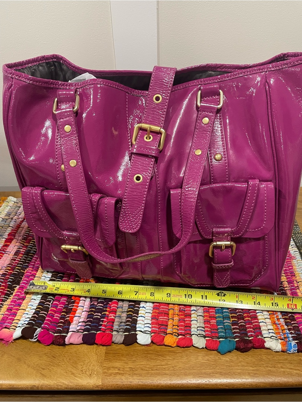 Fuchsia Patent Tote Bag with Front Pockets